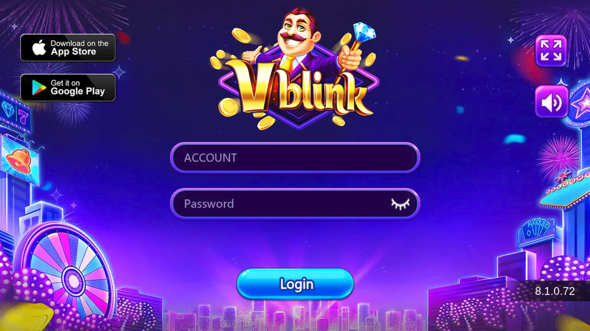 Official Vblink login screen for the Vblink777 App at vblink777, version 8.1.0.72.
